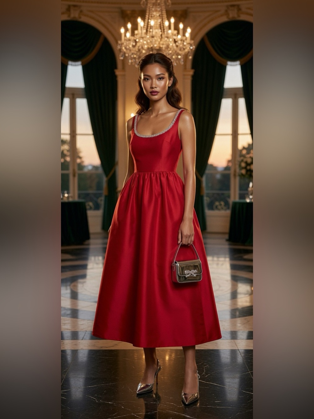 Self-Portrait RED TAFFETA DIAMANTE MIDI DRESS US 8